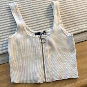 Bershka Ribbed Zip-Front Crop Tank